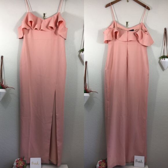 NWT Likely Shania peach pink ruffle long thigh slit formal gown